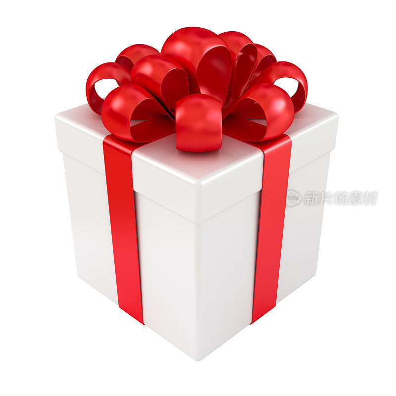 白色礼盒与红色丝带和蝴蝶结孤立在白色背景。圣诞节和元旦。情人节和生日庆典。3 d渲染。
